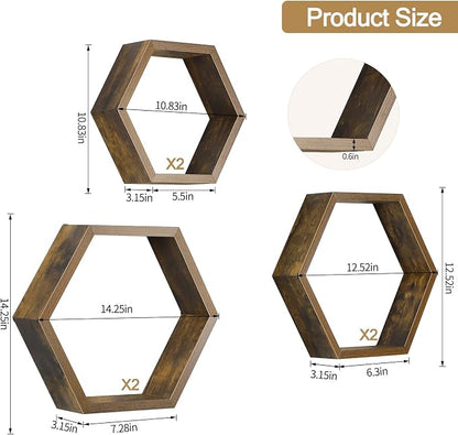 YBING Hexagon Shelves for Wall, Wood Honeycomb Floating Shelves Set of 6 - Image 3