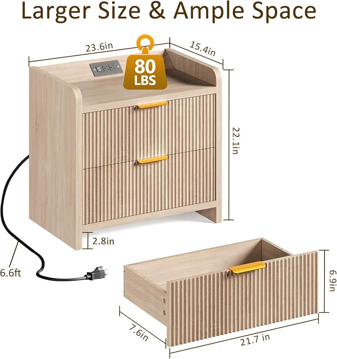 Fluted Nightstand with Charging Station, 23.6" Modern Night Stand with 2 Drawers - Image 3