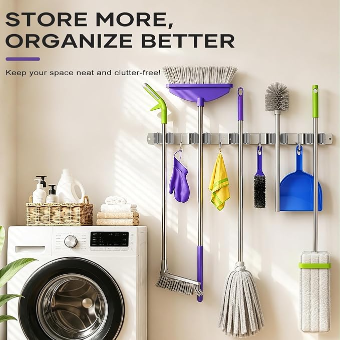Broom Mop Holder Wall Mount, Heavy Duty Stainless Steel Mop Organizer - Image 2