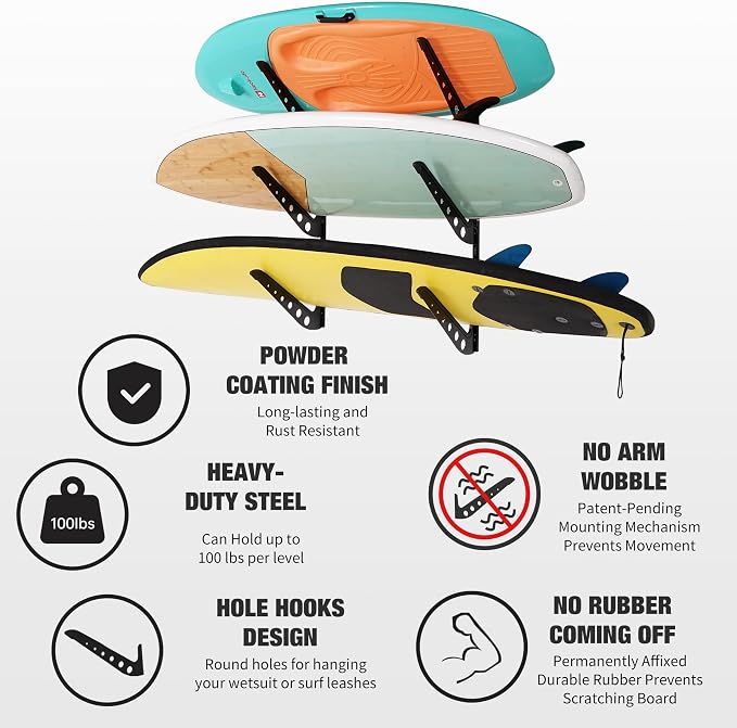 3 Board Surf Rack Wall Mount for Surfboard, Snowboard Storage Adjustable Wall - Image 3