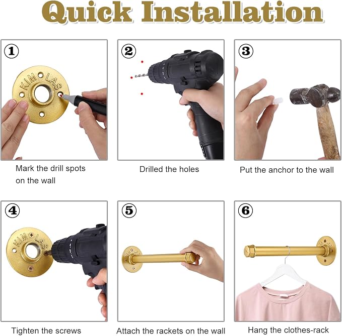 BTSKY 6 Pack Clothes Rack with Screws, 10 Inch Metal Industrial Pipe Clothes Bar - Image 7