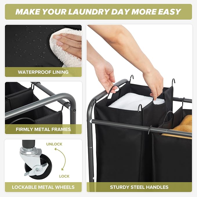 Laundry Sorter Hamper with Wheels, Heavy-Duty Laundry Sorter Rolling Cart - Image 4