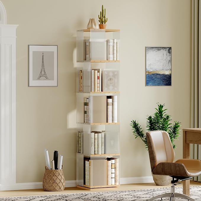 YATINEY 5-Tier Rotating Bookshelf, 360 Spinning Corner Bookcase Tower, - Image 6
