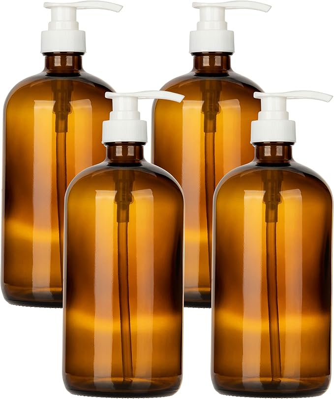 32 Ounce Glass Pump Dispenser Bottle, Large Amber Container by KITCHENTOOLZ