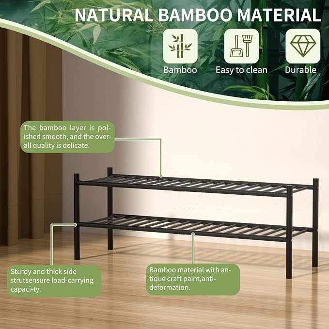 2-Tier Bamboo Long Shoe Rack, Free Standing Wood Shoe Shelf Storage Organizer - Image 5