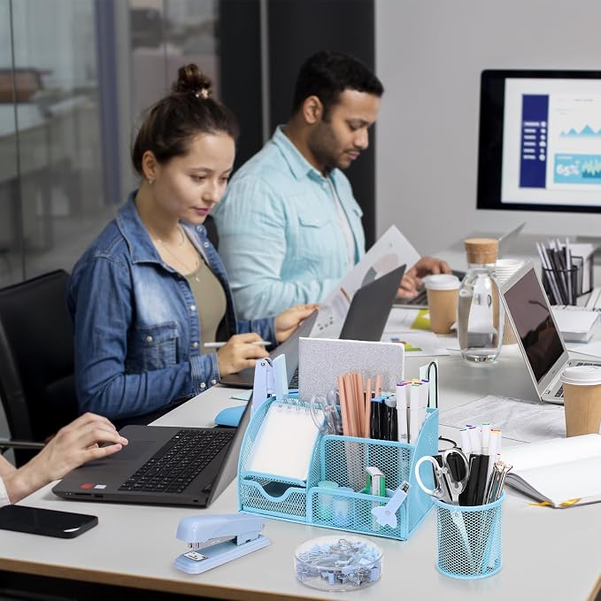 17 in 1 Blue Desk Organizers and Accessories Set, 3 Office Desk Supplies - Image 7
