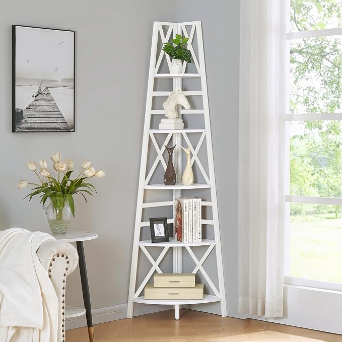 HOMBAZAAR 5 Tier Corner Shelf, 72 Inch Industrial Corner Bookshelf, Tall Ladder - Image 3
