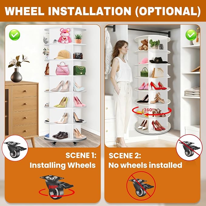 7 Tier Rotating Shoe Rack with 4 Universal Wheels, 360° Revolving Free Standing - Image 4
