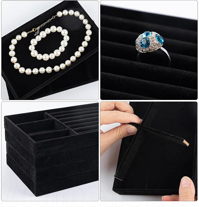 Framendino, 4 Pack Black Velvet Jewelry Trays Stackable Organizer Drawer - Image 6