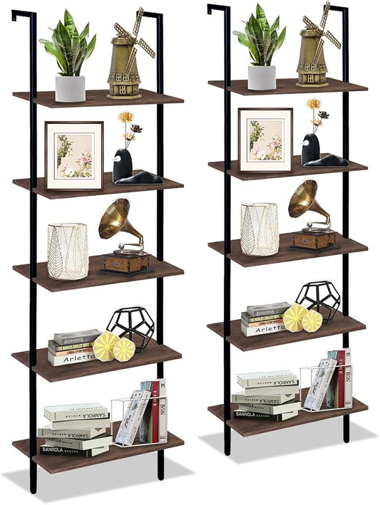 5 Tiers Ladder Shelf 2-Piece Black Modern Tall Bookshelf Open Large Tall Wall by Wolawu