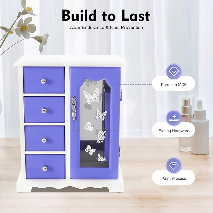 Purple Modern Jewelry Box with 4 Drawers, 360°Rotating Hook and Built-In Mirror - Image 2