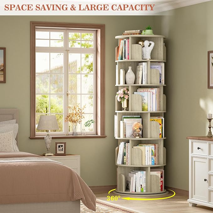 Aheaplus 6 Tier Rotating Bookshelf, Wood Spinning Bookshelf Tower, Round - Image 5