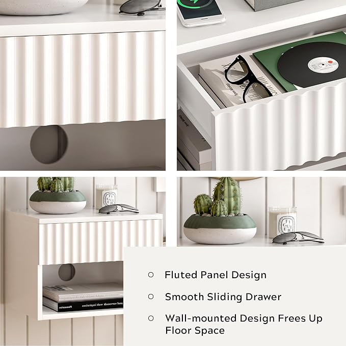 Floating Nightstand with Drawer and Open Shelf, Small Wall Mounted Bedside End - Image 4