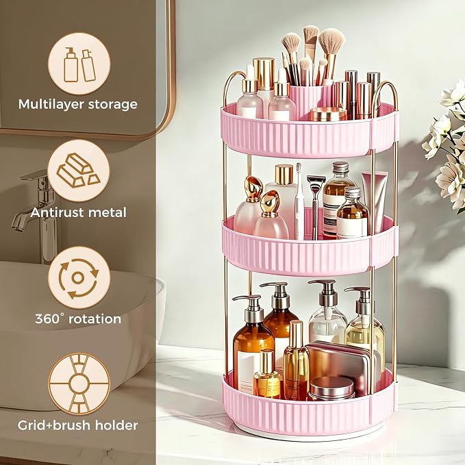 360° Rotating Makeup Organizer, Upgraded 3 Tier Skincare Perfume Organizers - Image 5