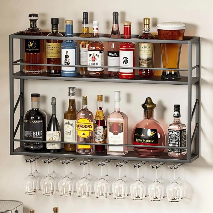 Wall Mounted Wine Rack with Glass Holder，Stylish Mini Floating Bar Shelves - Image 8