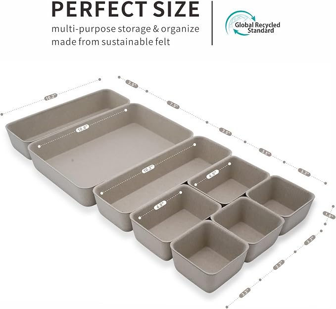 Welaxy Minimalist Felt Desk Drawer Organizer Tray 8pc Stone Storage Bins - Image 5