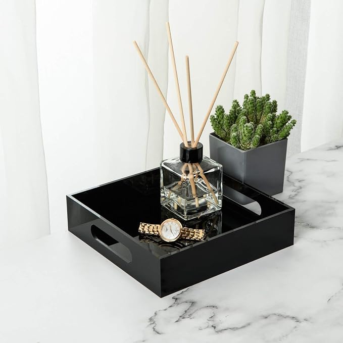 Black Sturdy Acrylic Tray with Handles-8x8 Inch- Countertop Organizer Tray - Image 4