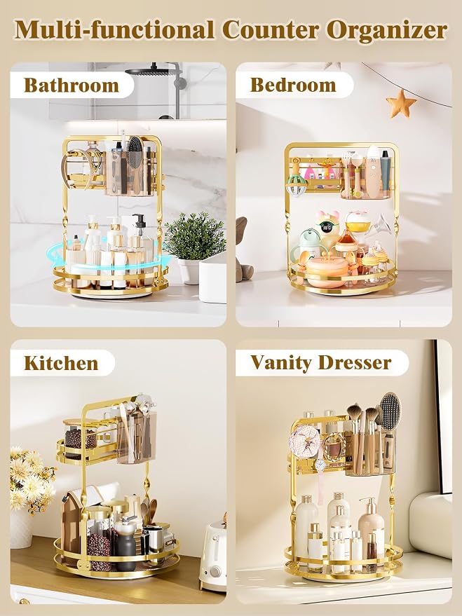 360° Rotating Makeup Organizer for Vanity, 2-Tier Gold Bathroom Organizer - Image 5