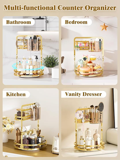 360° Rotating Makeup Organizer for Vanity, 2-Tier Gold Bathroom Organizer - Image 5