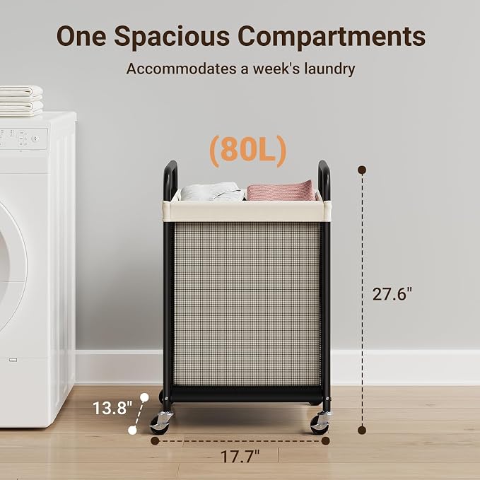ELYKEN Laundry Basket with Wheels, 80L Rolling Laundry Hamper with Removable - Image 3