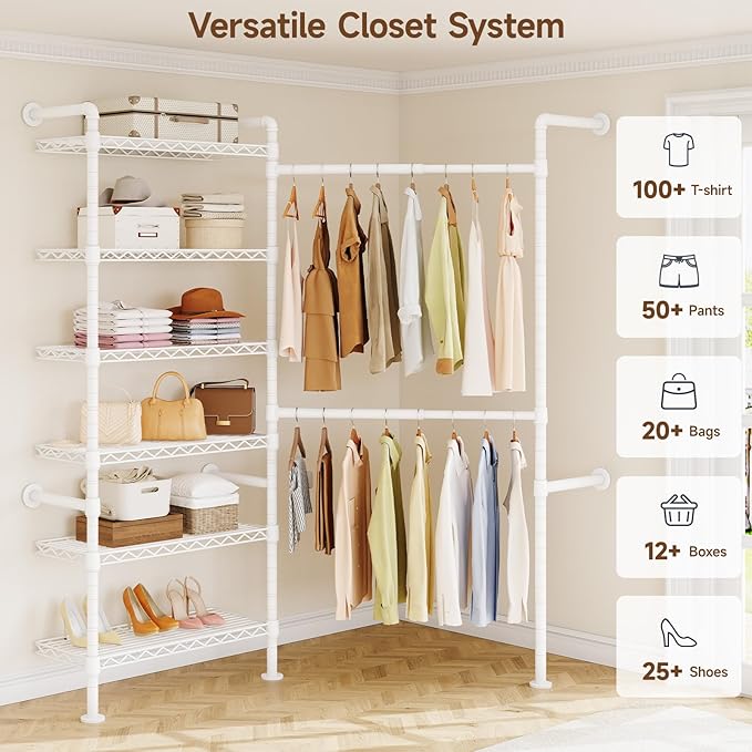L2 Wall Mounted Closet System, Industrial Pipe Clothing Rack Clothes Racks - Image 3