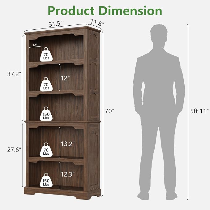 70 Inch Farmhouse Bookcase, Walnut Two-Tone Shelves, 5 Tier Bookshelf - Image 2