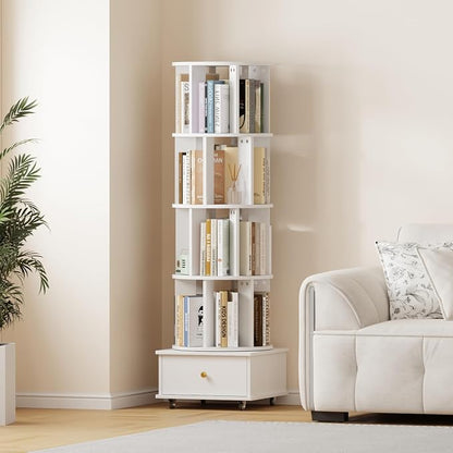 Rotating Bookshelf with Drawers on Lockable Wheels Wood White | 5 Tier Spinning by LMSXG-MZ