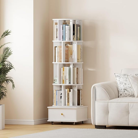 Rotating Bookshelf with Drawers on Lockable Wheels Wood White | 5 Tier Spinning by LMSXG-MZ