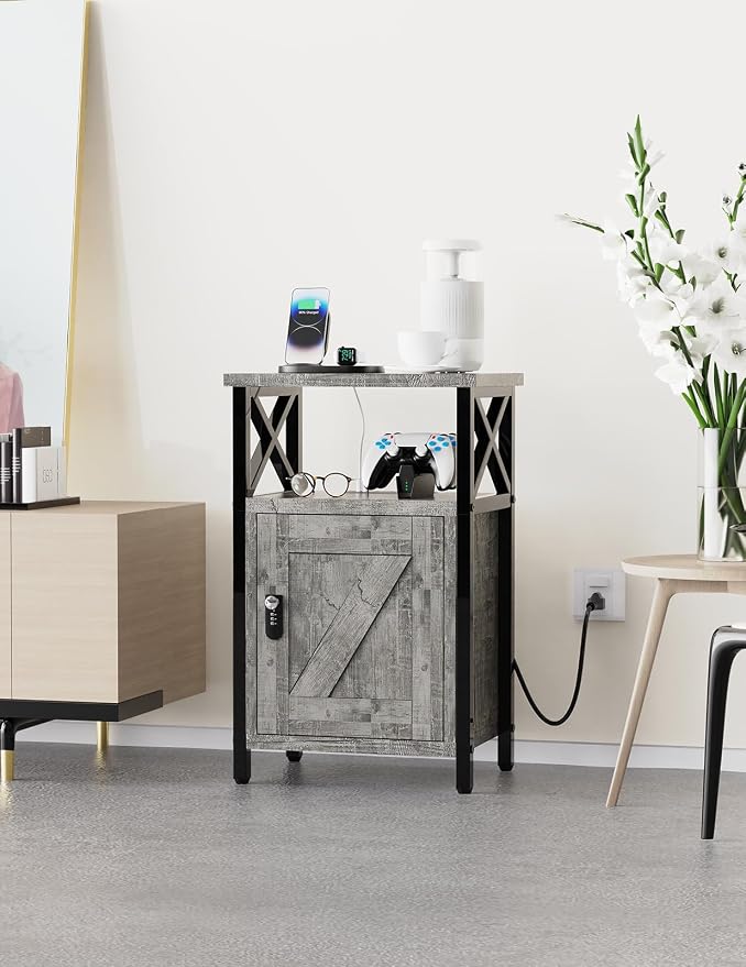 runjuly Wooden Nightstand with Lock Cabinet and Charging Station, Ash Grey | - Image 7