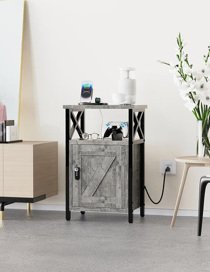 runjuly Wooden Nightstand with Lock Cabinet and Charging Station, Ash Grey | - Image 7