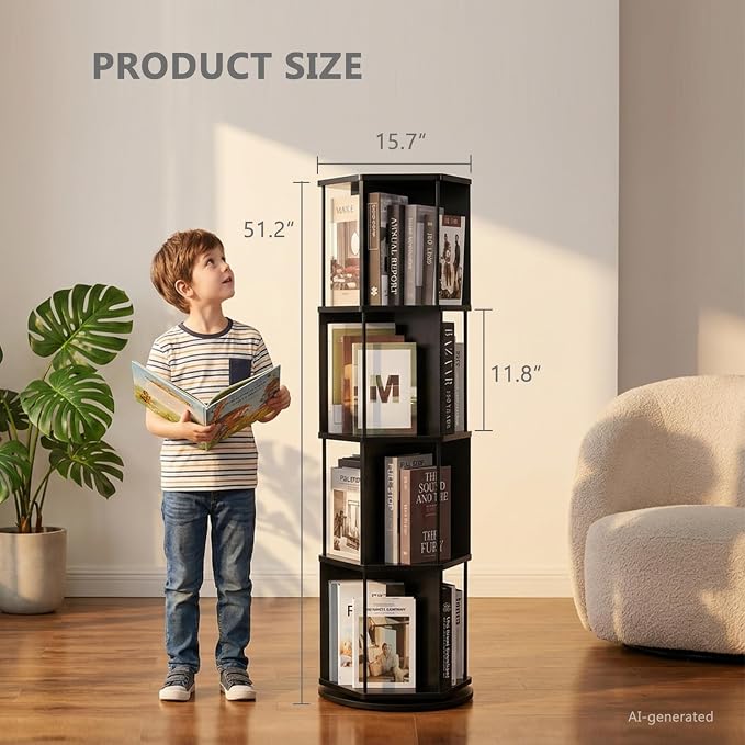 VIWODS 4 Tier Rotating Bookshelf Tower, 360° Display Spinning Bookcase - Image 2