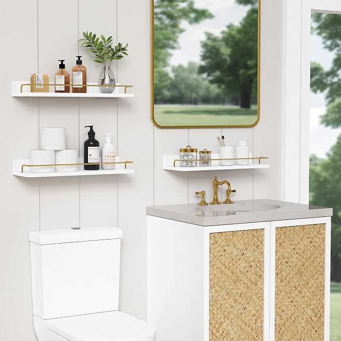 Forbena Gold Floating Shelves for Wall Decor Set of 3, Bathroom Shelves Over - Image 2