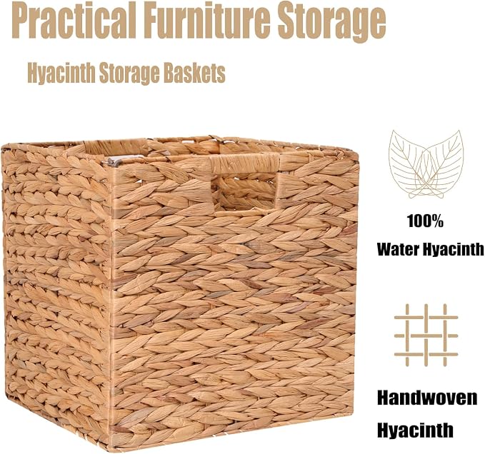 12x12x12 Inch Wicker Storage Basket Set of 2 Foldable Hyacinth Storage Box | - Image 5