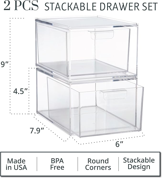 STORi Audrey Stackable Clear Bin Plastic Organizer Drawers | 2 Piece Set | - Image 3