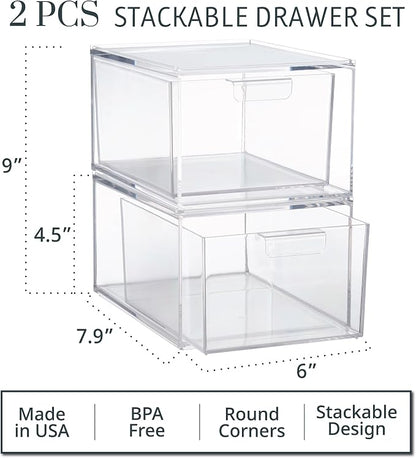 STORi Audrey Stackable Clear Bin Plastic Organizer Drawers | 2 Piece Set | - Image 3