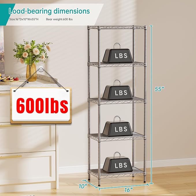 SINGAYE 5 Tier Shelf Wire Shelving Adjustable Storage Shelves Rack Standing - Image 3