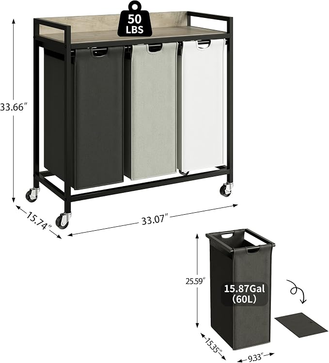 Laundry Hampers with Shelf, Laundry Basket 3 Section, Laundry Sorter with - Image 4