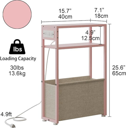 Pink Side Table with Charging Station, Slim End Tables with Linen Basket - Image 2