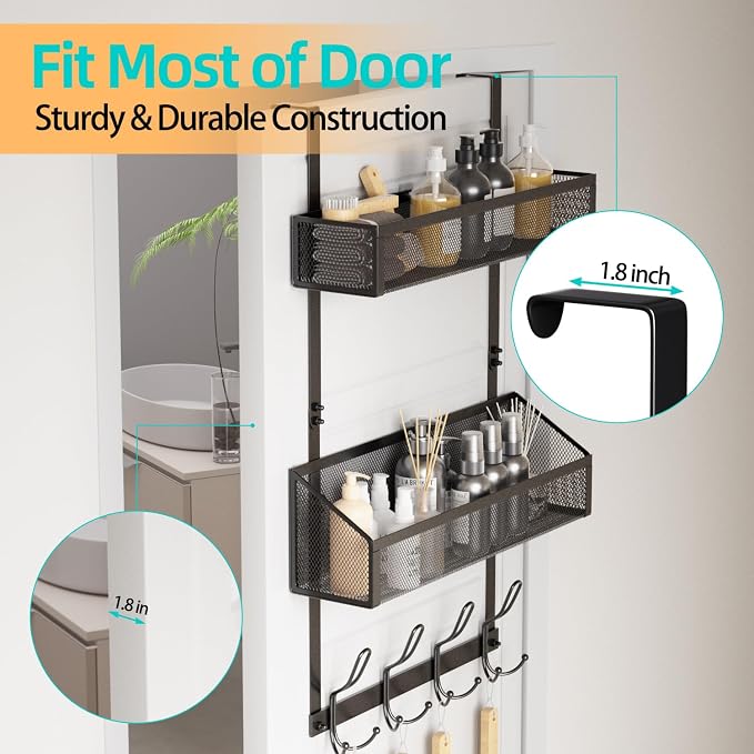 2-Tier Over Door Hook & Basket Organizer 12 Hooks + 2 Mesh Baskets - Image 3