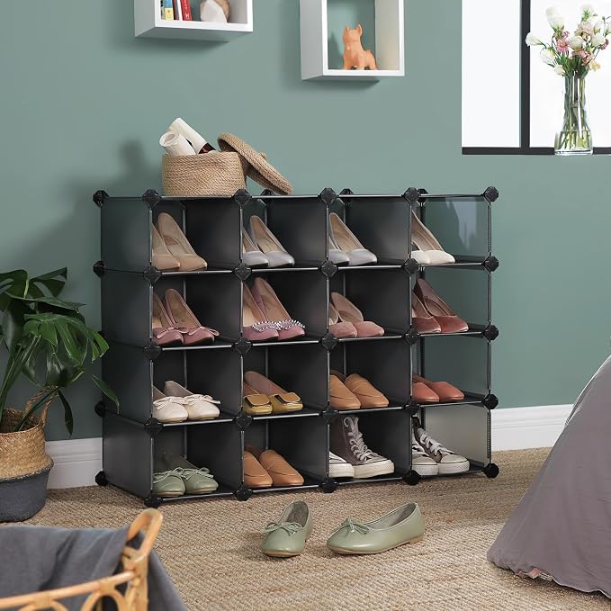 SONGMICS Shoe Rack with 16 Cubes, Interlocking Plastic Shoe Organizer, DIY - Image 2