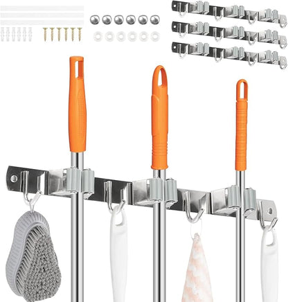 3 Pack Broom Holder Wall Mount 3 Racks 4 Hooks Stainless Steel Broom Mop Holder - Image 3