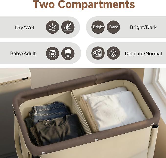 StorageWorks Laundry Hamper 2 Section, 100L Rolling Laundry Sorter Cart - Image 2