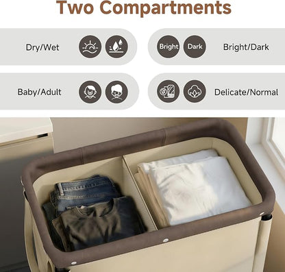 StorageWorks Laundry Hamper 2 Section, 100L Rolling Laundry Sorter Cart - Image 2