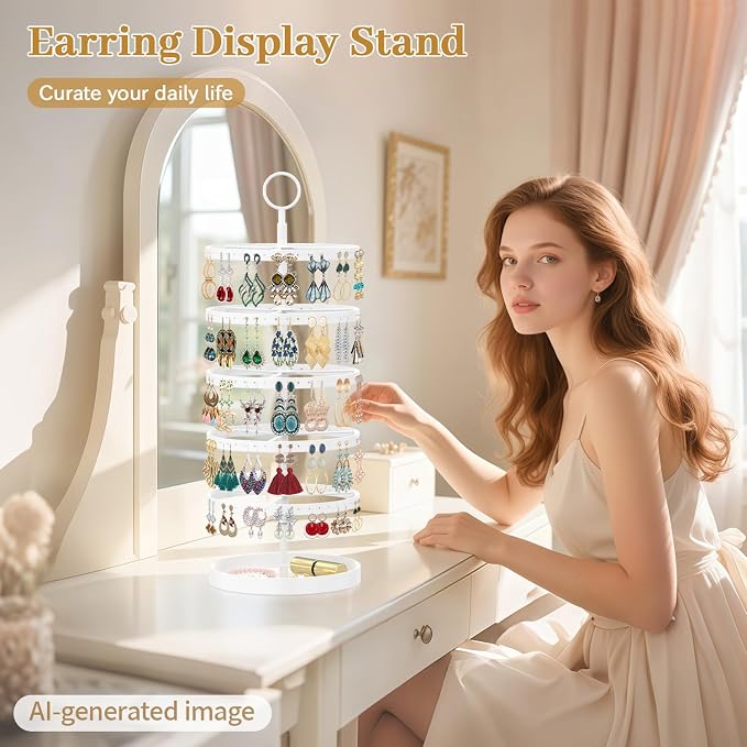 MODOWEY 5 Tiers Rotating Earring Holder Organizer Display, Adjustable Jewelry - Image 2