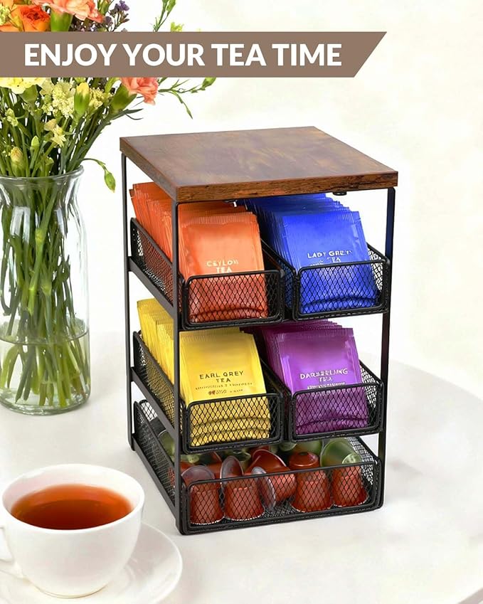 Tea Bag Organizer with 5 Drawers, Wooden & Metal Tea Storage Organizer - Image 2