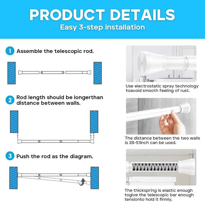 AIZESI 2pcs Spring Tension Curtain Rod 28 to 48 Inch - Image 7