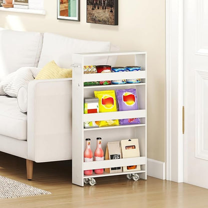 Small Kitchen Cart, 4-Tier Slim Rolling Island w/Handle, Laundry Room Storage - Image 3