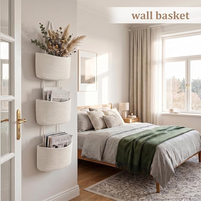 TeoKJ Over the Door Hanging Basket, 3-Tier Woven Cotton Wall-Mounted Storage - Image 3