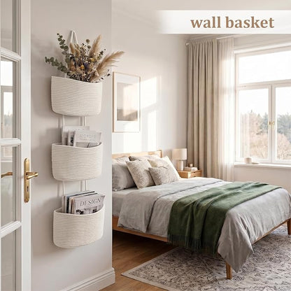 TeoKJ Over the Door Hanging Basket, 3-Tier Woven Cotton Wall-Mounted Storage - Image 3