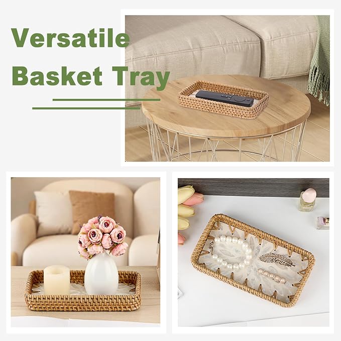 Decorative Key Basket for Entryway Small Handwoven Rattan Tray Rectangular Key - Image 3